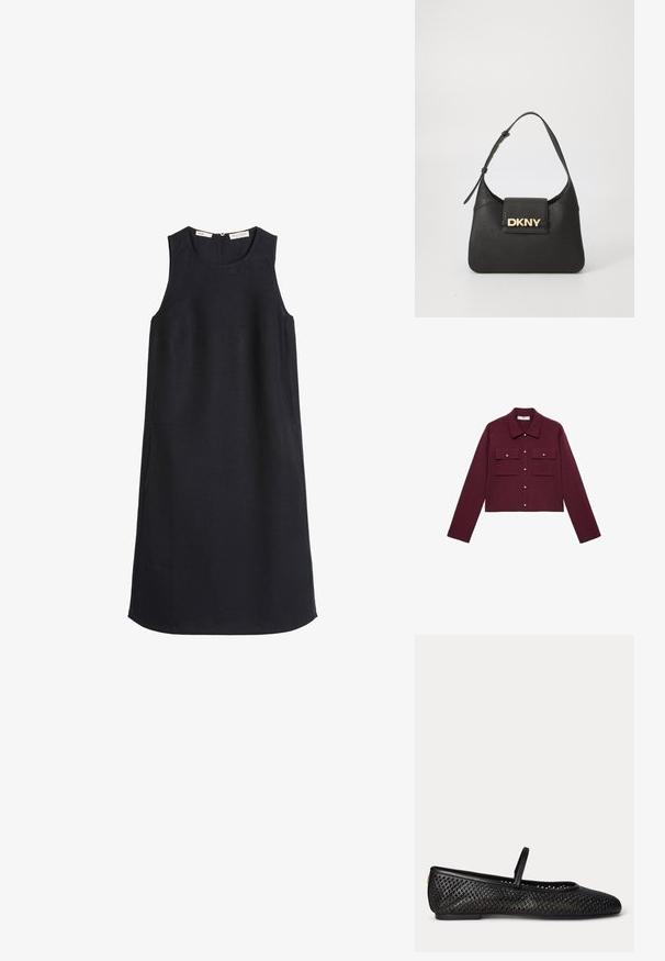 Bordeaux cropped jack met lange mouwen, knopen aan de voorkant, twee borstzakken en goudkleurige knopenaccenten. Glad materiaal en klassiek kraagontwerp.; Zwarte mouwloze jurk tot op de knie met ronde hals, rechte snit, knoopsluiting aan de achterkant en subtiele details in de zijnaad.; Zwarte mesh Mary Jane platte schoen met gesloten neus, lage hak en een enkele band over de wreef, zijaanzicht op witte achtergrond.; Zwarte lederen schoudertas met een gestructureerde vorm, voorzien van een gouden "DKNY" logo op de voorkant en een korte, verstelbare schouderriem.