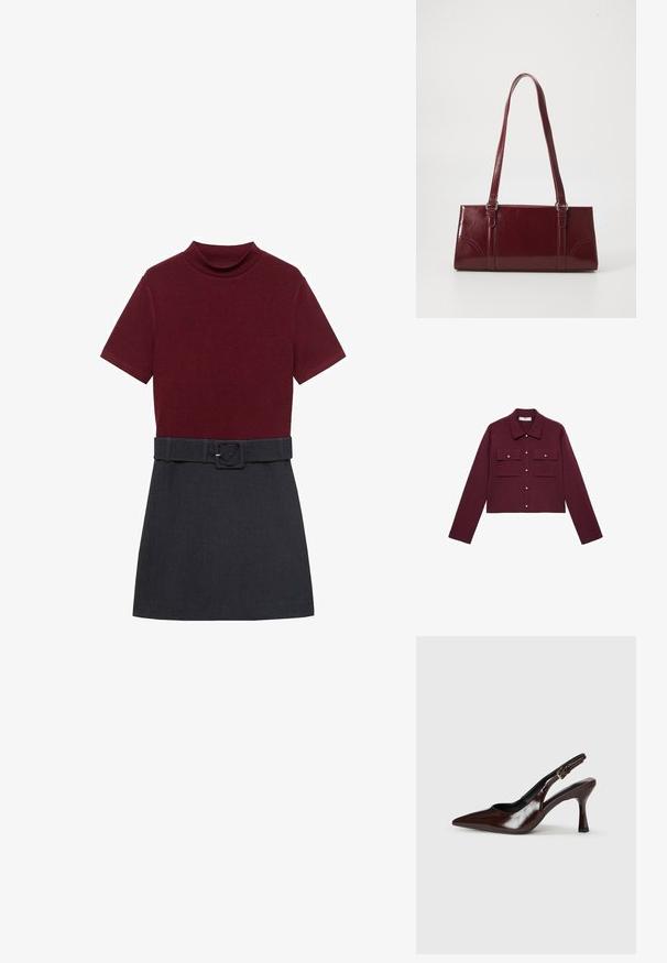 Bordeaux cropped jack met lange mouwen, knopen aan de voorkant, twee borstzakken en goudkleurige knopenaccenten. Glad materiaal en klassiek kraagontwerp.; Bordeaux top met korte mouwen en hoge hals, gecombineerd met een donkergrijze rok. Inclusief een bijpassende riem in de taille voor aanpassing.; Bruine gepatineerde leren slingback pumps met een spitse neus, een dunne hak en een verstelbaar bandje met een kleine gesp.; Bourgondische handtas van glanzend materiaal, rechthoekige vorm, met twee schouderbanden en subtiele gebogen accenten aan de voorkant.