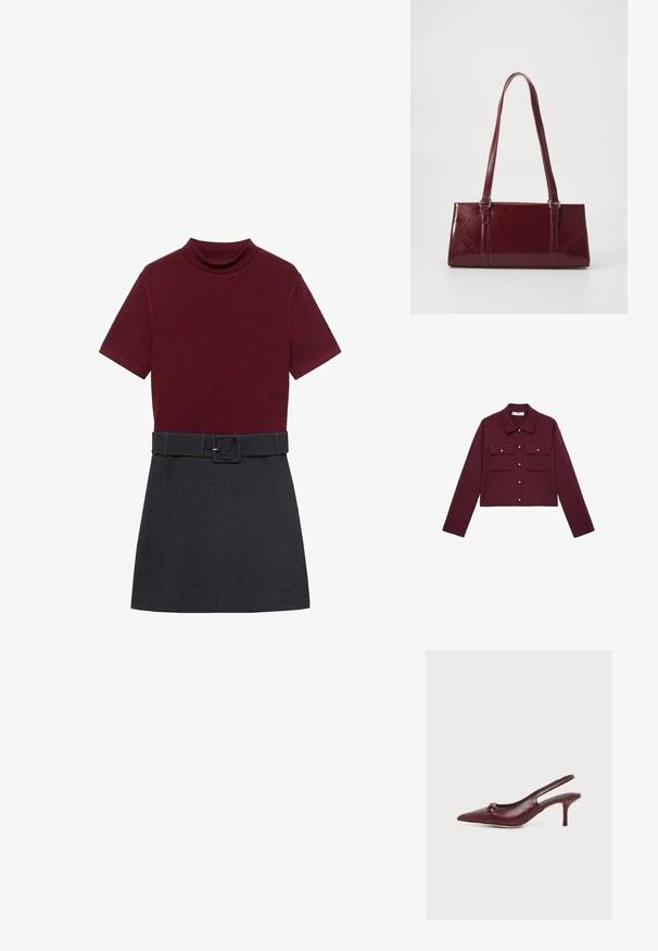 Bordeaux cropped jack met lange mouwen, knopen aan de voorkant, twee borstzakken en goudkleurige knopenaccenten. Glad materiaal en klassiek kraagontwerp.; Bordeaux top met korte mouwen en hoge hals, gecombineerd met een donkergrijze rok. Inclusief een bijpassende riem in de taille voor aanpassing.; Bordeauxrode leren slingback pump met spitse neus, kleine kittenhak en een decoratieve knoop op het bovenwerk.; Bourgondische handtas van glanzend materiaal, rechthoekige vorm, met twee schouderbanden en subtiele gebogen accenten aan de voorkant.