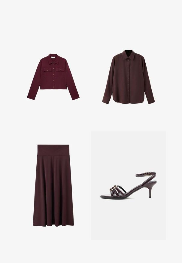 Bordeaux cropped jack met lange mouwen, knopen aan de voorkant, twee borstzakken en goudkleurige knopenaccenten. Glad materiaal en klassiek kraagontwerp.; Donkerbruine blouse met lange mouwen, knopen, kraag en brede manchetten, getoond tegen een witte achtergrond.; Marsala midi-rok gemaakt van zachte stof met een brede, elastische tailleband. Heeft een vloeiend ontwerp dat licht taps toeloopt naar de zoom.; Donkerpaarse sandalen met hak, met dunne enkelband, vierkante neus, drie voorste bandjes met gouden gespen en een slanke hak van gemiddelde hoogte.