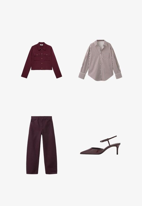 Bordeaux cropped jack met lange mouwen, knopen aan de voorkant, twee borstzakken en goudkleurige knopenaccenten. Glad materiaal en klassiek kraagontwerp.; Overhemd met lange mouwen en knopen, met verticale bordeauxrode en witte strepen, puntkraag, borstzak en met knopen sluitbare manchetten.; Donkerpaarse rechte broek met steekzakken aan de voorkant en riemlussen, afgebeeld tegen een witte achtergrond.; Bordeaux patentleren slingback hakken met een puntige neus, dunne enkelband en een gematigde stiletto hak. Glad, glanzend afwerking.