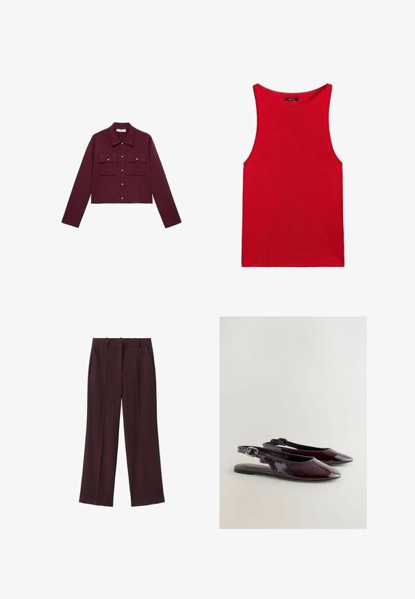 Bordeaux cropped jack met lange mouwen, knopen aan de voorkant, twee borstzakken en goudkleurige knopenaccenten. Glad materiaal en klassiek kraagontwerp.; Mouwloos rood gebreid hemdje met wijde armsgaten en een ronde hals, plat gelegd tegen een witte achtergrond.; Wijde bordeauxrode broek van een gladde stof, met voorplooien, twee steekzakken aan de zijkant en een platte tailleband.; Bordeauxrode lakleren slingback schoenen met een spits toelopende neus, een strak ontwerp en een gespdetail. Platte hak en een gladde textuur.