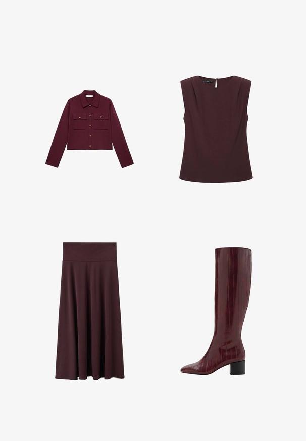 Bordeaux cropped jack met lange mouwen, knopen aan de voorkant, twee borstzakken en goudkleurige knopenaccenten. Glad materiaal en klassiek kraagontwerp.; Mouwloze donkerbordeaux blouse met gevoerde schouders, ronde halslijn en een kleine knoopsluiting aan de achterkant.; Marsala midi-rok gemaakt van zachte stof met een brede, elastische tailleband. Heeft een vloeiend ontwerp dat licht taps toeloopt naar de zoom.; Bordeaux kniehoge laarzen met een spits toelopende neus en een blokhak, met verticale streepdessin en een glanzende, gladde afwerking.