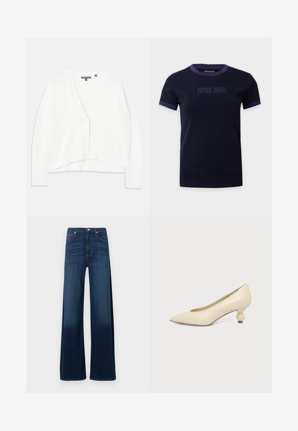 Chaqueta de punto blanca con escote en V profundo, puños y dobladillo con canalé. Cuenta con dos bolsillos laterales y un cierre de botones en la parte delantera.; Camiseta de manga corta azul marino con ribete morado en el cuello y las mangas, con el texto "EMPORIO ARMANI" en azul marino a juego en el frente.; Vaqueros de pierna ancha en denim azul oscuro. Presentan una cintura alta, cinco bolsillos, sutiles marcas de desgaste y detalles de costura a lo largo de las costuras.; Zapato de mujer color crema con punta afilada y tacón bajo, con tacón redondo en forma de bola, sobre un fondo liso.