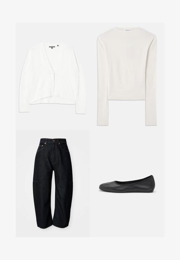 Witte gebreide cardigan met een diepe V-hals, geribbelde manchetten en zoom. Heeft twee zijzakken en een knoopsluiting aan de voorkant.; Witte lange mouw top van katoen, met een eenvoudige ronde hals en een slim fit. De stof is glad met een lichte stretch.; Donkerdenim jeans met een relaxte pasvorm, voorzien van subtiele oranje stiksels, voorzakken en een platte tailleband met een knoopsluiting.; Zwarte leren ballerina met een ronde neus, gladde textuur, minimale stikdetails en een flexibele zoolontwerp.