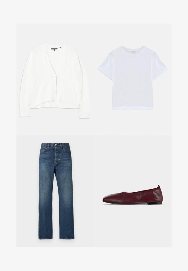 Cardigan blanc en tricot avec un col en V plongeant, des poignets et un ourlet côtelés. Il dispose de deux poches latérales et d'un fermoir à boutons à l'avant.; T-shirt blanc court en coton doux, avec un col rond et des manches courtes, d'ajustement légèrement décontracté. Pas de motifs ni d'accents.; Jean en denim bleu foncé coupe droite, doté de cinq poches, d'une braguette à boutons et de zones délavées pour un aspect usé.; Ballerine plate en cuir bordeaux avec bord supérieur élastique froncé et fine semelle noire sur fond blanc.