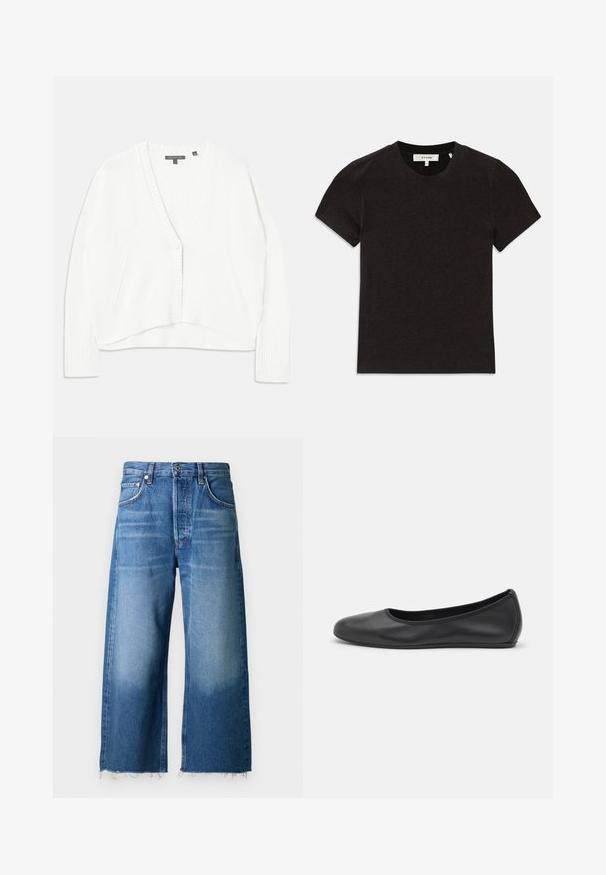 Cardigan blanc en tricot avec un col en V plongeant, des poignets et un ourlet côtelés. Il dispose de deux poches latérales et d'un fermoir à boutons à l'avant.; T-shirt noir à manches courtes en tricot côtelé avec encolure ronde et étiquette de marque visible au niveau du col.; Jean en denim bleu clair à jambes larges avec un ourlet effiloché, conçu avec cinq poches et une fermeture à bouton à la taille.; Ballerines en cuir noir avec un bout rond, texture lisse, détails de couture minimalistes et design de semelle flexible.