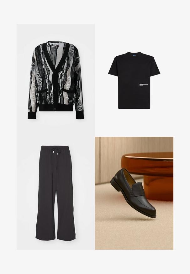 Strikket cardigan i sort og hvid med V-hals, knapper, to forlommer og et geometrisk og tekstmønster. Teksturen virker let.; Sort bomulds T-shirt med korte ærmer. Har et lille hvidt logo med teksten "KARL LAGERFELD JEANS" på venstre side. Klassisk crew neck design.; Sorte sweatpants med vid benvidde, elastisk talje og snor. Har hvide sidestriber og to sidelommer. Glat overflade.; Sort læder loafers med lav hæl svævende over beige tæppe ved rundt brunt bord.