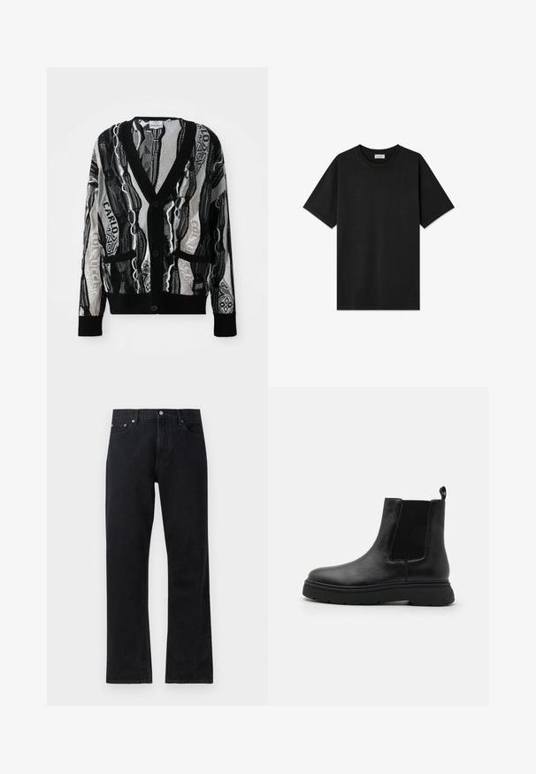 Strikket cardigan i sort og hvid med V-hals, knapper, to forlommer og et geometrisk og tekstmønster. Teksturen virker let.; Sort bomulds t-shirt med rund halsudskæring, korte ærmer og en afslappet pasform; glat tekstur uden synlige mønstre eller accenter.; Sorte denim jeans med lige ben-design, med knaplukning, fem-lomme stil og diskrete stikninger.; Sorte læder ankelstøvler med ribbet elastisk sidestykke, rund tå og kraftig sort sål. Inkluderer en hælstrap for nem påtagning.