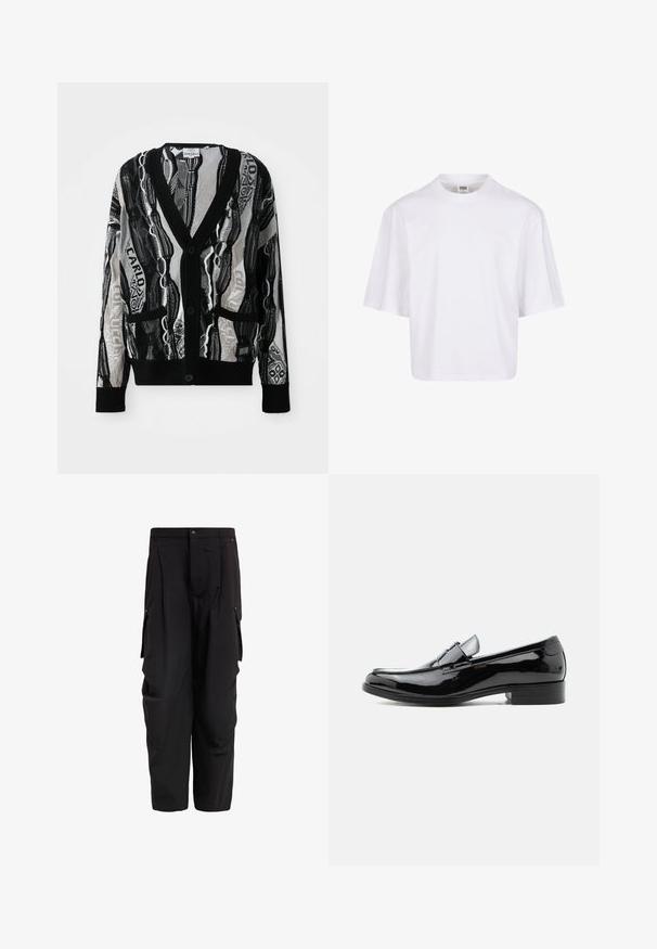 Strikket cardigan i sort og hvid med V-hals, knapper, to forlommer og et geometrisk og tekstmønster. Teksturen virker let.; Hvid t-shirt med korte ærmer, der har en rund halsudskæring og en afslappet pasform, lavet af et glat bomuldsblandingsstof. Ingen mønstre eller udsmykninger.; Sorte cargobukser med læg, flere sidelommer og en afslappet pasform. Fremstillet af letvægtsstof for komfort. Frontknaplukning.; Sort herre loafer i laklæder med lav hæl, rundet tå og remdetalje over vristen på hvid baggrund.