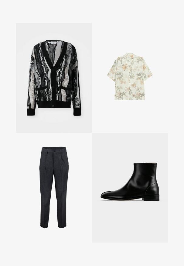 Strikket cardigan i sort og hvid med V-hals, knapper, to forlommer og et geometrisk og tekstmønster. Teksturen virker let.; Kortærmet skjorte med knapper og tropisk blomster- og palmebladprint i afdæmpede beige, grå og lysebrune nuancer på off-white stof.; Mørkegrå formelle bukser med bæltestropper, forreste knap, lynlås og plisseringer ved taljen, vist mod en hvid baggrund.; Sort poleret læderankelstøvle med lav hæl og sidelås, slankt og glat design på en ensfarvet lys baggrund.