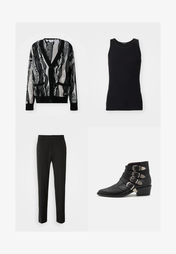 Strikket cardigan i sort og hvid med V-hals, knapper, to forlommer og et geometrisk og tekstmønster. Teksturen virker let.; Sort tanktop lavet af et glat, strækbart materiale. Har en rund halsudskæring og ingen ærmer, med en tætsiddende pasform og enkelt design.; Sorte bukser lavet af glat stof, med lige ben, en knaplukning og et klassisk design, der er velegnet til både formelt og uformelt brug.; Sorte læder ankelstøvle med fire dekorative sølv spænder, spids tå og en stablet hæl med ribbede detaljer ved kanten.
