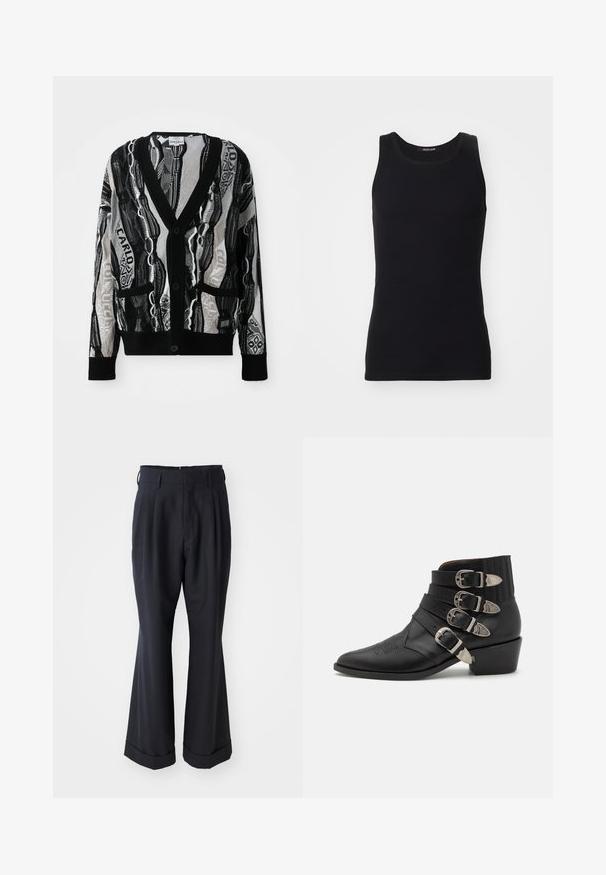 Cardigan tricoté en noir et blanc avec un col en V, des boutons, deux poches avant et un motif géométrique et textuel. La texture semble légère.; Débardeur noir en matériau lisse et extensible. Doté d'un col rond et sans manches, avec une coupe ajustée et un design simple.; Pantalons noirs ajustés avec une coupe décontractée, devant plissé et jambes larges. Caractéristiques d'un ourlet à retournement et d'une texture de tissu lisse.; Bottines en cuir noir avec quatre boucles décoratives en argent, pointe effilée, et un talon empilé avec des détails cannelés au niveau du col.