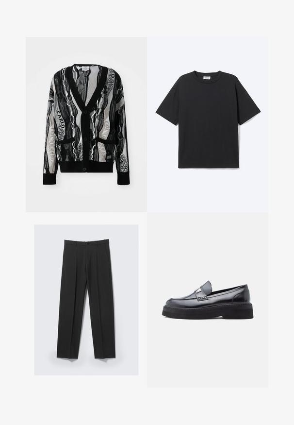 Cardigan tricoté en noir et blanc avec un col en V, des boutons, deux poches avant et un motif géométrique et textuel. La texture semble légère.; T-shirt noir à manches courtes avec col rond, coupe décontractée, vue de face, design uni et étiquette de la marque Weekday visible à l’intérieur du col.; Pantalon noir ajusté avec plis avant, poches latérales, passants de ceinture et fermeture par bouton à la taille sur un fond clair.; Mocassin en cuir verni noir avec un bout rond, un détail de boucle décorative, et une semelle plateforme noire épaisse, présentant une texture lisse et brillante.