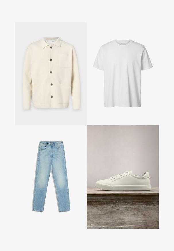 Lys beige cardigan med kravehals, der har fem brune knapper, to forlommer og en enkelt brystlomme. Tekstureret stof.; Enkelt hvid T-shirt med korte ærmer og rund hals, løs pasform og uden synlige logoer eller designs foran.; Lyseblå jeans med høj talje, lige ben, for- og baglommer og knaplukning på hvid baggrund.; Hvide snørresneakers svævende over en træbænk med grønne planter i baggrunden, der fremhæver skodesign og tekstur.