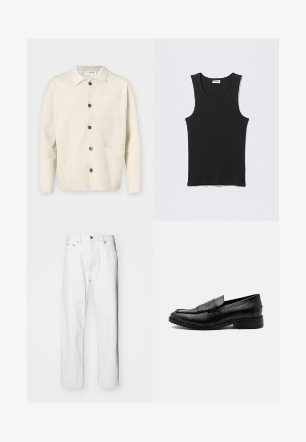 Lys beige cardigan med kravehals, der har fem brune knapper, to forlommer og en enkelt brystlomme. Tekstureret stof.; Sort ærmeløs ribstrikket tanktop med rund halsudskæring, fladt lagt på lysegrå baggrund. Etiket med teksten "WEEKDAY."; Hvide denimbukser med lige pasform, fem-lomme design, knaplukning og subtile syninger. Glat tekstur og minimalistisk stil.; Sort læder herre loafers med kvast detalje, rundet tå, lav hæl og glat poleret finish, vist fra siden på hvid baggrund.