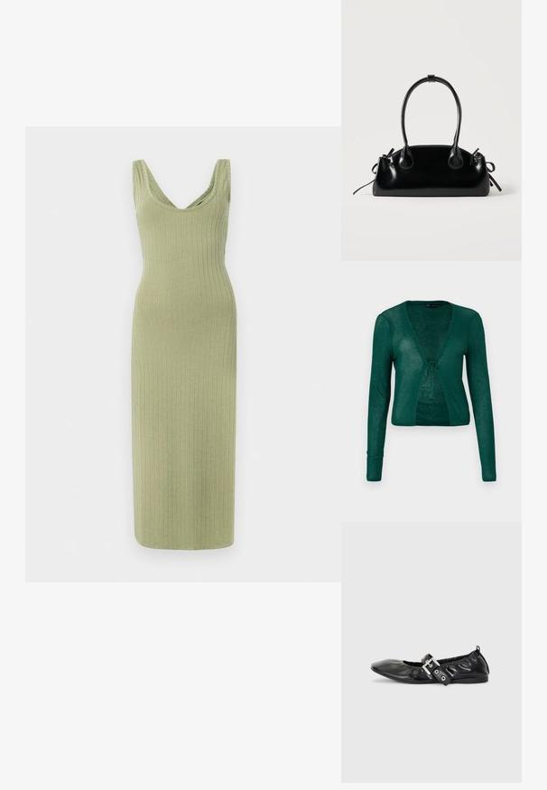 Cardigan verde de punto con mangas largas, escote en V y cierre frontal con lazo, que presenta una textura acanalada y un diseño corto.; Vestido largo de canalé en color verde oliva con escote en V y tirantes anchos, que presenta una forma ajustada y una textura suave.; Zapato plano de piel negra con puntera afilada, detalle fruncido alrededor de la abertura y un acento de hebilla plateada en la correa ajustable.; Pequeño bolso negro brillante con dos asas largas y detalles de cordón lateral sobre un fondo claro liso.