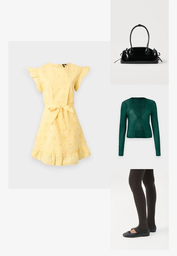 Grøn strikket cardigan med lange ærmer, V-hals og lukning foran med snøre, der har en ribbet tekstur og en kort design.; Gul kjole med korte ærmer med hulmønster, flæser på ærmer og skørter samt et bindebælte i taljen.; Ben iført mørke ribbede leggings kombineret med sorte balletsko med små sløjfedetaljer på hvid baggrund.; Lille sort blank håndtaske med to lange håndtag og snøre-detaljer i siden på en ensfarvet lys baggrund.