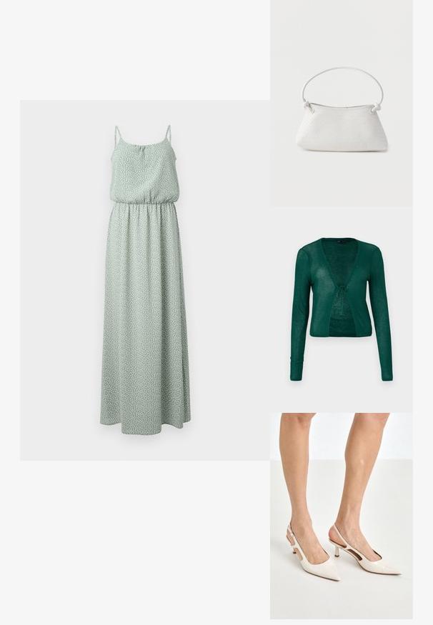 Grøn strikket cardigan med lange ærmer, V-hals og lukning foran med snøre, der har en ribbet tekstur og en kort design.; Maxi kjole i lysegrøn, lavet af blødt stof med prikmønster, der har tynde stropper og elastisk talje for en svømmede silhuet.; Beige patenterede læder slingback hæle med spids tå og 5 cm hæl, med udskårne sider og en tynd ankelrem.; Hvid fletlæderhåndtaske med afrundet håndtag og ender på remmen, der er knyttet, vist mod en ensfarvet baggrund.