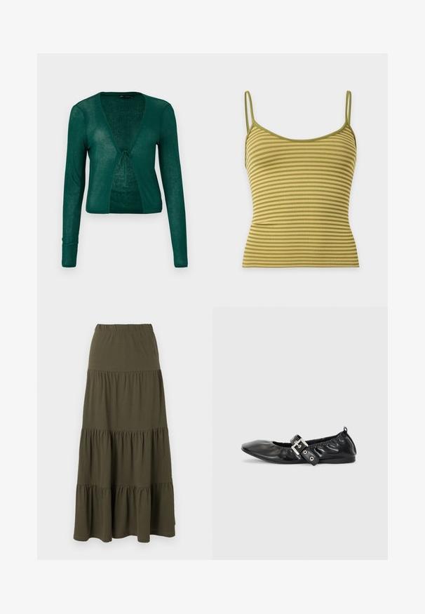 Cardigan verde de punto con mangas largas, escote en V y cierre frontal con lazo, que presenta una textura acanalada y un diseño corto.; Top corto sin mangas a rayas verdes y beige con tejido acanalado y finas tiras en los hombros sobre un fondo claro liso.; Falda maxi de capas en verde oliva con cintura elástica y paneles de tela fruncida.; Zapato plano de piel negra con puntera afilada, detalle fruncido alrededor de la abertura y un acento de hebilla plateada en la correa ajustable.