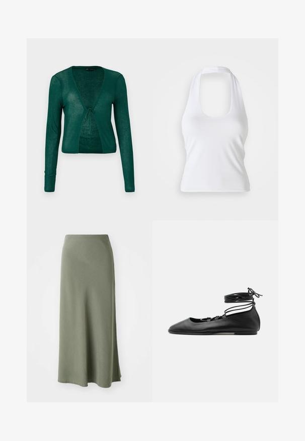 Cardigan verde de punto con mangas largas, escote en V y cierre frontal con lazo, que presenta una textura acanalada y un diseño corto.; Top halter blanco con escote redondeado, hecho de una tela suave y elástica. Presenta un diseño minimalista sin adornos ni patrones.; Falda verde oliva, hasta la rodilla, hecha de una tela suave con una textura lisa y un corte acampanado, que presenta una abertura lateral para mayor comodidad al moverse.; Zapato de ballet plano de cuero negro con punta puntiaguda, múltiples tiras finas en la parte superior y cordones que se atan alrededor del tobillo.