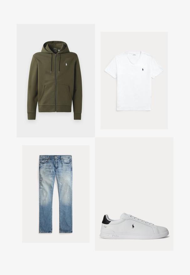 Oliven grøn zip-up hoodie lavet af blødt bomuld, med en kengurulomme, snor i hætten og et lille hvidt logo på venstre bryst.; Hvid V-hals T-shirt med korte ærmer og lille mørkeblå Polo Ralph Lauren-logo på venstre bryst, vist fladt på en lys baggrund.; Lyseblå denimjeans med en bleget vask, slidte detaljer, malingspletter, traditionelt fem-lomme design, lige ben.; Hvid lavtop sneaker med sort hælfane, snørebånd og Polo Ralph Lauren-logo på siden, med præget såldetaljer.