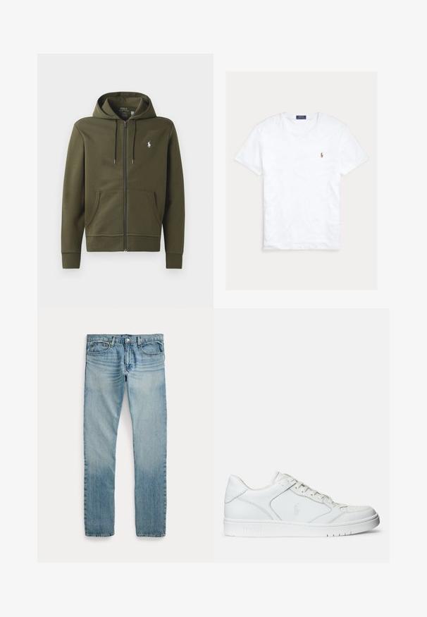 Olivgrüne Zip-Up-Hoodie aus weichem Baumwollmaterial, mit Kängurutasche, verstellbarem Kapuzenzug und einem kleinen weißen Logo auf der linken Brust.; Weißes T-Shirt mit Rundhalsausschnitt und kurzen Ärmeln, mit kleinem gesticktem Polo Ralph Lauren Logo auf der linken Brust und blauem Markenetikett innen am Kragen.; Hellblaue Jeans mit geradem Bein, fünf Taschen, Knopfverschluss und dezenten verwaschenen Details an Oberschenkeln und Knien.; Weißer Ledersneaker mit glatter Textur, ausgestattet mit einer perforierten Zehenpartie, Schnürverschluss und gesticktem Logo an der Seite. Weiße Gummisohle.