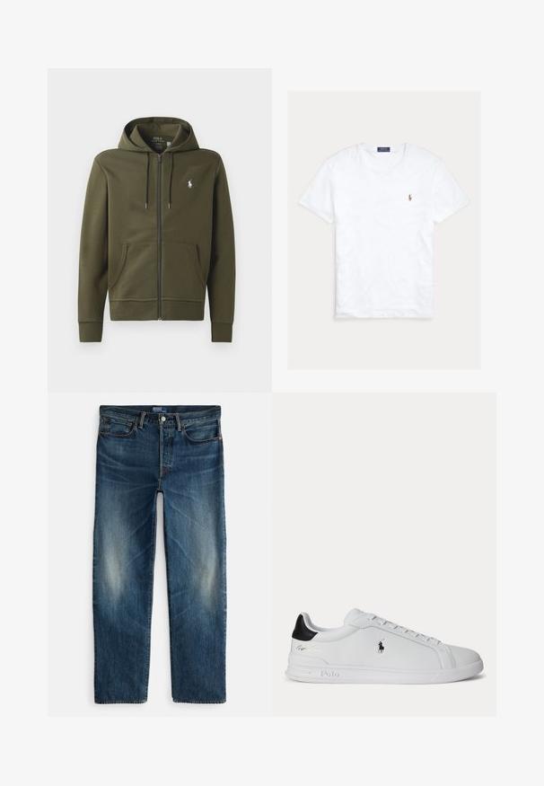 Oliven grøn zip-up hoodie lavet af blødt bomuld, med en kengurulomme, snor i hætten og et lille hvidt logo på venstre bryst.; Hvid T-shirt med rund hals og korte ærmer med lille broderet Polo Ralph Lauren-logo på venstre bryst og blå mærkeetiket indvendigt i kraven.; Indigo blå denimjeans med straight-leg design, fem-lomme stil og subtil falmning på lårene. Metallknap og lynlås lukning.; Hvid lavtop sneaker med sort hælfane, snørebånd og Polo Ralph Lauren-logo på siden, med præget såldetaljer.