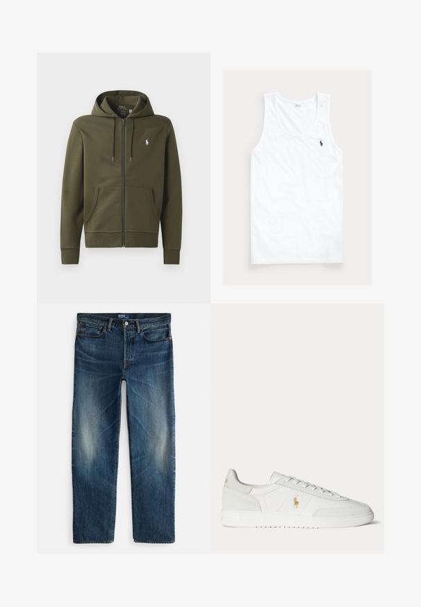 Olivgrüne Zip-Up-Hoodie aus weichem Baumwollmaterial, mit Kängurutasche, verstellbarem Kapuzenzug und einem kleinen weißen Logo auf der linken Brust.; Weißes ärmelloses Tanktop mit rundem Ausschnitt und kleinem dunkelblauem Polo Ralph Lauren Pferdelogo auf der linken Brust.; Indigoblaue Denim-Jeans mit geradem Bein, Fünf-Taschen-Design und subtilen Verblassungen an den Oberschenkeln. Metallknopf- und Reißverschlussverschluss.; Weißer Sneaker in niedriger Ausführung mit Schnürdesign, goldenem Polo Ralph Lauren Logo an der Seite und strukturierter Sohle auf einfarbigem Hintergrund.