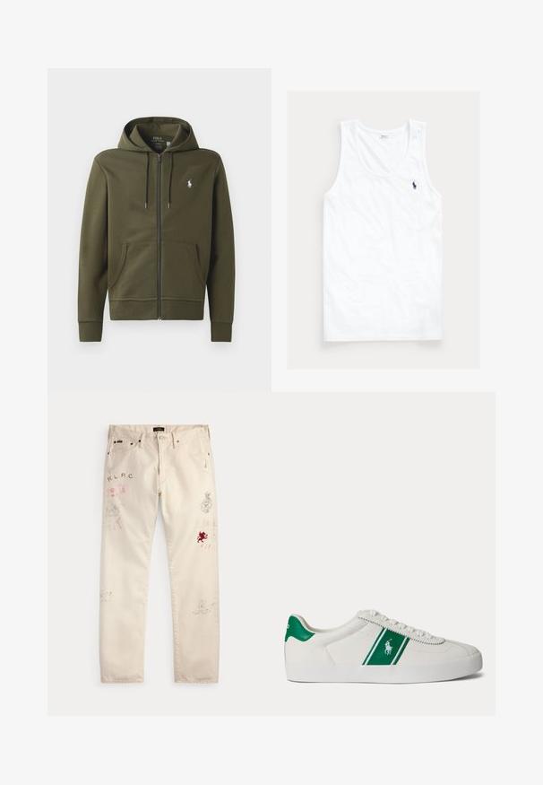 Oliven grøn zip-up hoodie lavet af blødt bomuld, med en kengurulomme, snor i hætten og et lille hvidt logo på venstre bryst.; Hvid ærmeløs tanktop med rund halsudskæring og lille mørkeblå Polo Ralph Lauren hestelogo på venstre bryst.; Beige bukser med forlommer og bæltestropper med falmede røde og sorte grafiske prints og tekstdesign på begge ben.; Hvid low-top sneaker med grøn stribe og Polo-logo på siden, grøn hæl-flik og hvide snørebånd, vist fra venstre side på ensfarvet baggrund.