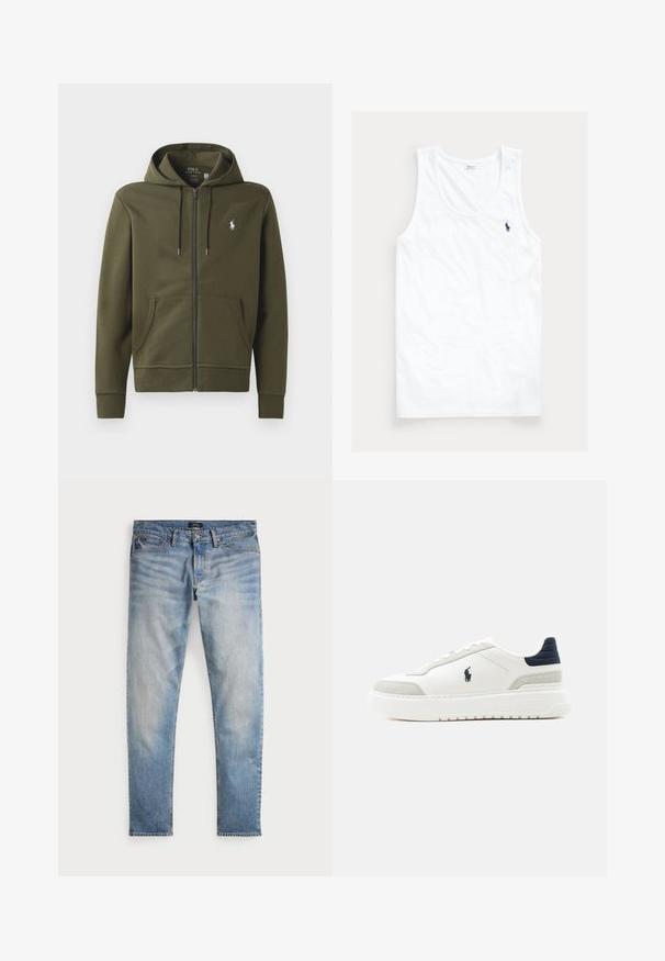 Oliven grøn zip-up hoodie lavet af blødt bomuld, med en kengurulomme, snor i hætten og et lille hvidt logo på venstre bryst.; Hvid ærmeløs tanktop med rund halsudskæring og lille mørkeblå Polo Ralph Lauren hestelogo på venstre bryst.; Lys blå denimjeans med en falmet finish, fem-lomme design og kontraststing. Har lynlås og bæltesløjfer. Lige pasform.; Hvid lav sneakers med sort hælflap, grå ruskindsdetaljer, tyk sål og sort Polo-logo på ydersiden.