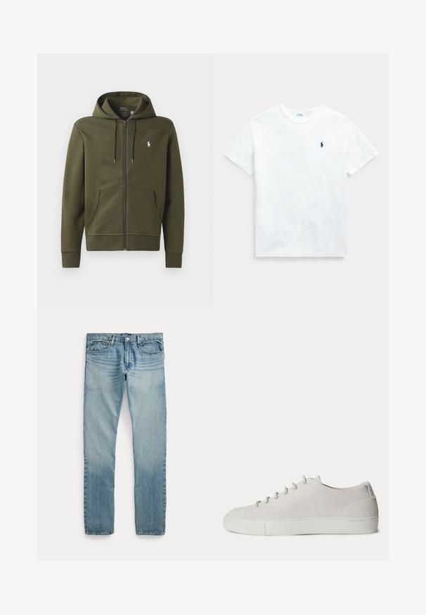 Oliven grøn zip-up hoodie lavet af blødt bomuld, med en kengurulomme, snor i hætten og et lille hvidt logo på venstre bryst.; Hvid bomulds t-shirt med korte ærmer, rund hals og et lille marineblåt logo på venstre bryst. Glat tekstur og klassisk pasform.; Lyseblå straight-leg denimbukser med fem lommer, knaplukning og subtile falmede detaljer omkring lår og knæ.; Hvid lav-sneakers i ruskind med snørelukning foran og gummisål, minimalistisk design.