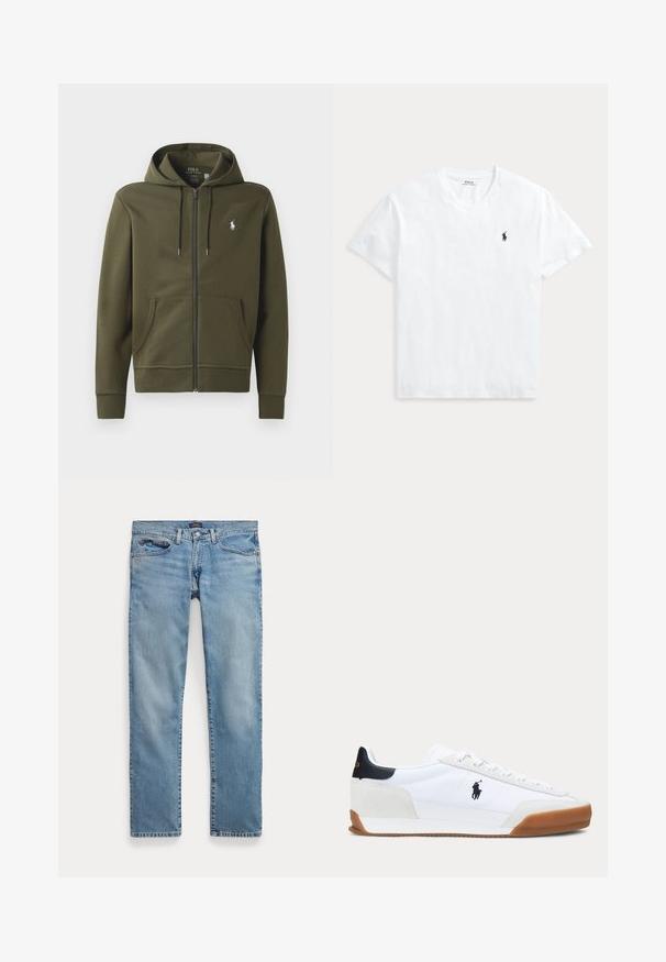 Olivgrüne Zip-Up-Hoodie aus weichem Baumwollmaterial, mit Kängurutasche, verstellbarem Kapuzenzug und einem kleinen weißen Logo auf der linken Brust.; Weißes T-Shirt mit V-Ausschnitt und kurzen Ärmeln mit kleinem marineblauem Polo Ralph Lauren Pferdelogo auf der linken Brust.; Hellblaue Jeans mit geradem Bein, Vordertaschen und Knopfverschluss, flach auf weißem Hintergrund ausgebreitet.; Weißer Sneaker mit niedrigem Schaft, brauner Sohle, schwarzem Fersenpatch und schwarzem Polo-Spieler-Logo an der Seite.