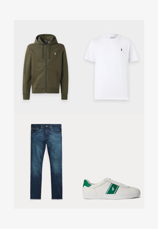 Oliven grøn zip-up hoodie lavet af blødt bomuld, med en kengurulomme, snor i hætten og et lille hvidt logo på venstre bryst.; Hvid kortærmet T-shirt med rund hals og lille mørkeblå polo spiller logo på venstre bryst.; Mørkeblå slim-fit jeans med frontknap og lynlås, fem lommer og subtil falmen på forreste lår og knæ.; Hvid low-top sneaker med grøn stribe og Polo-logo på siden, grøn hæl-flik og hvide snørebånd, vist fra venstre side på ensfarvet baggrund.