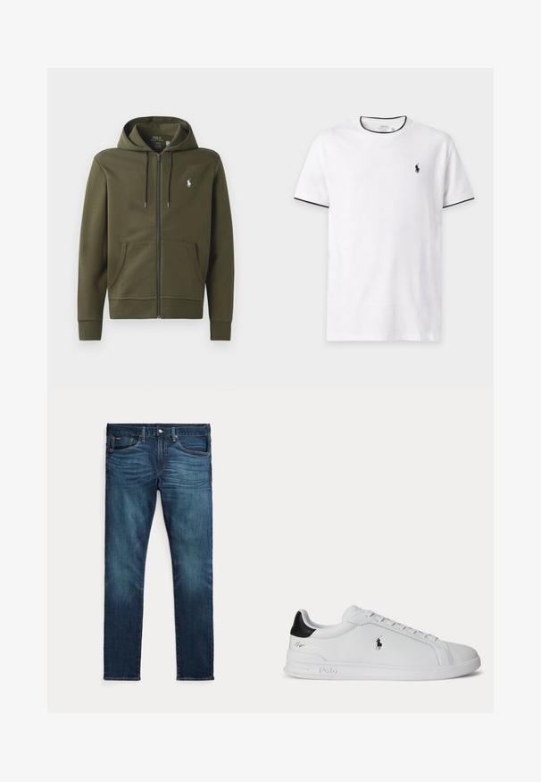 Olivgrüne Zip-Up-Hoodie aus weichem Baumwollmaterial, mit Kängurutasche, verstellbarem Kapuzenzug und einem kleinen weißen Logo auf der linken Brust.; Weißes T-Shirt mit kurzen Ärmeln und schwarzem Besatz an Kragen und Ärmeln, mit kleinem schwarzem Polo Ralph Lauren Logo auf der linken Brust.; Dunkelblaue Slim-Fit-Jeans mit vorderem Knopf und Reißverschluss, fünf Taschen sowie dezenter Verfärbung an den vorderen Oberschenkeln und Knien.; Weißer Sneaker mit niedrigem Schaft, schwarzem Fersenlasche, Schnürsenkeln und Polo Ralph Lauren Logo an der Seite, mit geprägten Sohlen-Details.