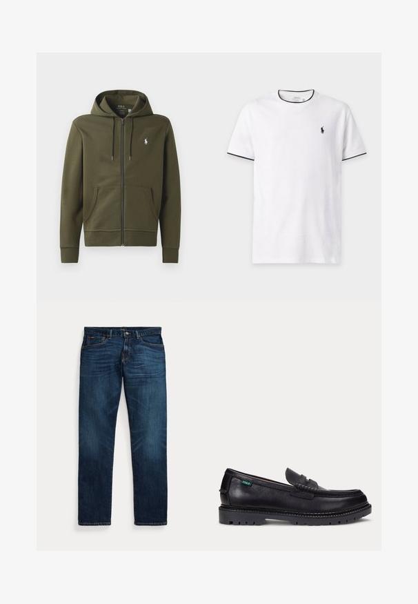 Oliven grøn zip-up hoodie lavet af blødt bomuld, med en kengurulomme, snor i hætten og et lille hvidt logo på venstre bryst.; Hvid T-shirt med korte ærmer og sort kant ved krave og ærmer, med et lille sort Polo Ralph Lauren logo på venstre bryst.; Mørkeblå denimjeans med let falmning på lår og lommer, knap- og lynlåslukning samt design med fem lommer, lagt fladt på hvid baggrund.; Sort læderloafer med tyk, mønstret sål og lille grøn "Polo"-mærke på ydersiden nær hælen.