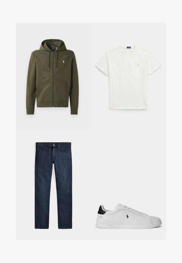 Sudadera con cremallera en verde oliva, hecha de algodón suave, con un bolsillo tipo canguro, capucha con cordón y un pequeño logo blanco en el lado izquierdo del pecho.; Camiseta blanca de manga corta con cuello redondo y un pequeño logo Polo Ralph Lauren de color beige claro en el lado izquierdo del pecho.; Vaqueros de mezclilla azul oscuro con corte slim, cierre frontal de botón y cremallera, y diseño de cinco bolsillos, tendidos sobre un fondo blanco.; Zapatilla blanca de corte bajo con lengüeta trasera negra, cordones y logo de Polo Ralph Lauren en el lateral, con detalles en relieve en la suela.