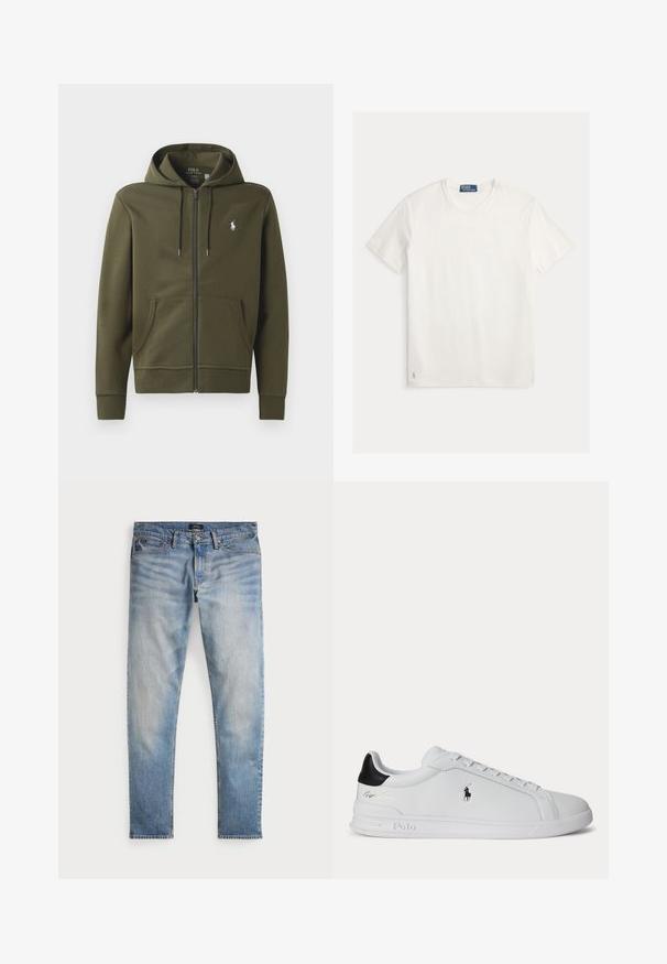 Oliven grøn zip-up hoodie lavet af blødt bomuld, med en kengurulomme, snor i hætten og et lille hvidt logo på venstre bryst.; Hvid kortærmet t-shirt med rund hals og Polo Ralph Lauren label ved halsudskæringen samt lille broderet logo nær nederste kant.; Lys blå denimjeans med en falmet finish, fem-lomme design og kontraststing. Har lynlås og bæltesløjfer. Lige pasform.; Hvid lavtop sneaker med sort hælfane, snørebånd og Polo Ralph Lauren-logo på siden, med præget såldetaljer.