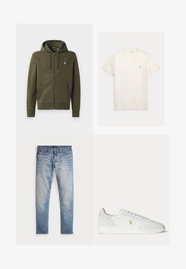 Olivgrüne Zip-Up-Hoodie aus weichem Baumwollmaterial, mit Kängurutasche, verstellbarem Kapuzenzug und einem kleinen weißen Logo auf der linken Brust.; Weißes Baumwoll-T-Shirt mit Rundhalsausschnitt und kurzen Ärmeln, versehen mit einem kleinen blau bestickten Logo auf der linken Brust. Glatte Textur, normale Passform.; Helle blaue Denim-Jeans mit einem ausgewaschenen Finish, Fünf-Taschen-Design und kontrastierenden Nähten. Mit Reißverschluss und Gürtelschlaufen. Gerade geschnitten.; Weißer Sneaker in niedriger Ausführung mit Schnürdesign, goldenem Polo Ralph Lauren Logo an der Seite und strukturierter Sohle auf einfarbigem Hintergrund.