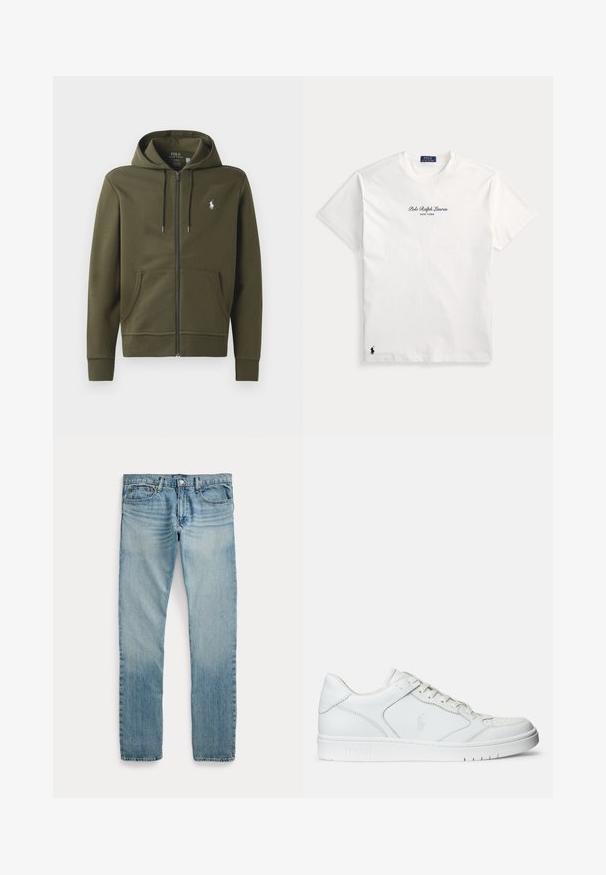 Oliven grøn zip-up hoodie lavet af blødt bomuld, med en kengurulomme, snor i hætten og et lille hvidt logo på venstre bryst.; Hvid Polo Ralph Lauren t-shirt med korte ærmer med teksten "Polo Ralph Lauren New York" på brystet og lille sort logo nær bundkanten.; Lyseblå straight-leg denimbukser med fem lommer, knaplukning og subtile falmede detaljer omkring lår og knæ.; Hvide lædersneakers med en glat tekstur, der har en perforeret tå, snørebåndslukning og broderet logo på siden. Hvid gummisål.
