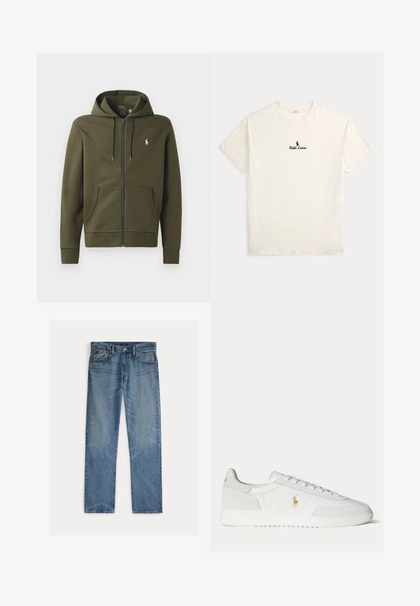 Oliven grøn zip-up hoodie lavet af blødt bomuld, med en kengurulomme, snor i hætten og et lille hvidt logo på venstre bryst.; Kremfarvet T-shirt med korte ærmer med Ralph Lauren-logo og tekst centreret på brystet, lagt fladt på en lys baggrund.; Lyseblå denimjeans med et lige snit, der har fem lommer, knaplukning og en diskret falmet effekt på stoffet.; Hvid lavtop sneaker med snøredesign, guldfarvet Polo Ralph Lauren-logo på siden og tekstureret sål på en ensfarvet baggrund.