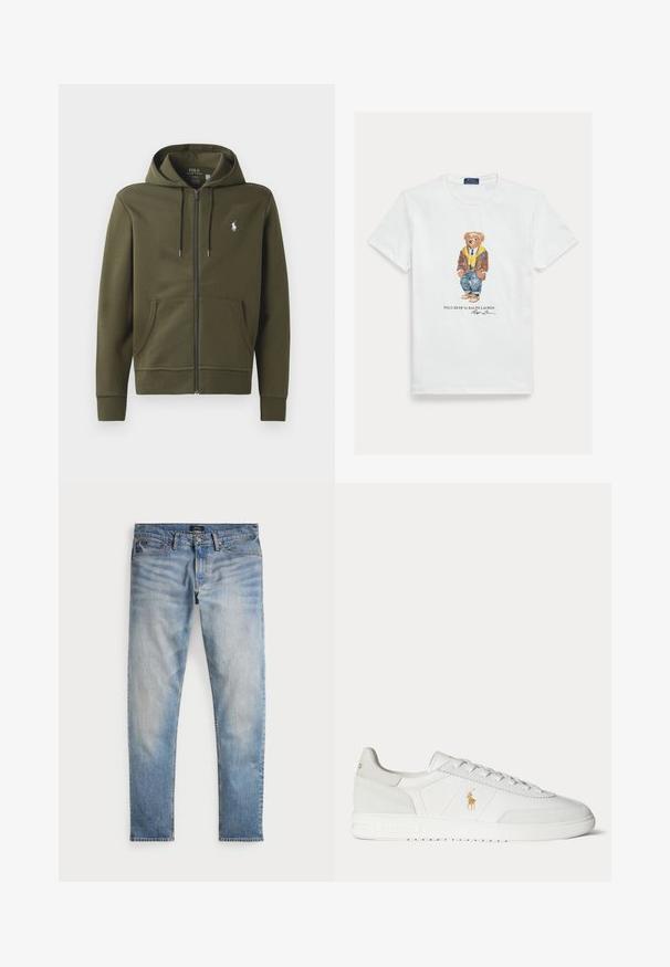 Oliven grøn zip-up hoodie lavet af blødt bomuld, med en kengurulomme, snor i hætten og et lille hvidt logo på venstre bryst.; Hvid bomuld T-shirt med grafik af en klædt tegneserie-bjørn. Bemærkelsesværdige detaljer inkluderer en brun jakke, gul hættetrøje og blå jeans.; Lys blå denimjeans med en falmet finish, fem-lomme design og kontraststing. Har lynlås og bæltesløjfer. Lige pasform.; Hvid lavtop sneaker med snøredesign, guldfarvet Polo Ralph Lauren-logo på siden og tekstureret sål på en ensfarvet baggrund.