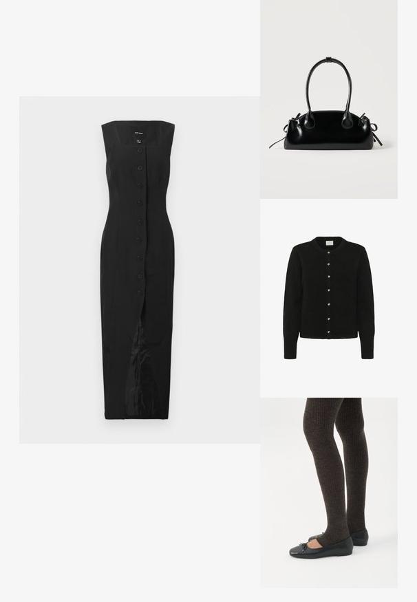 Cardigan noir en tissu doux, avec des manches longues, un col rond et une rangée de cinq boutons brillants sur le devant.; Robe midi sans manches noire avec décolleté carré, fermeture à boutons sur le devant et fente centrale, présentée sur un fond blanc uni.; Jambes portant des leggings côtelés foncés associés à des ballerines noires avec de petits détails en nœud sur fond blanc.; Petit sac à main noir brillant avec deux longues anses et des détails à cordon sur les côtés sur un fond clair uni.