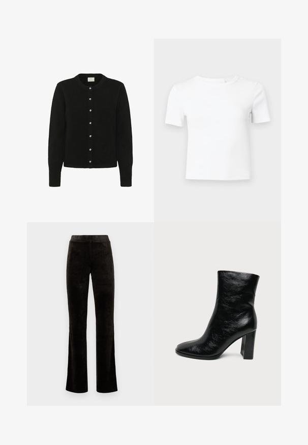 Sorte cardigan lavet af blødt stof, med lange ærmer, en rund halsudskæring og en række af fem blanke knapper foran.; Hvid T-shirt med korte ærmer lavet af ribstrikket stof, med rund hals og en tætsiddende pasform, ideel til lag-på-lag eller afslappet brug.; Sorte flared bukser lavet af blødt, fløjlsagtigt stof. Har en høj talje og en glat overflade uden synlige mønstre eller hardware.; Sort glat læderankelstøvle med rundet tå og chunky høj hæl på en ensfarvet lys baggrund.