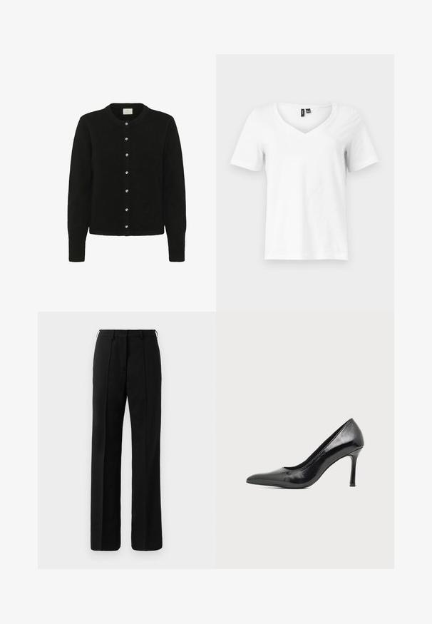 Cardigan noir en tissu doux, avec des manches longues, un col rond et une rangée de cinq boutons brillants sur le devant.; T-shirt blanc à manches courtes en col V avec étiquettes noires visibles au col sur fond gris clair.; Pantalons droits noirs sur mesure avec passants de ceinture et pli sur le devant, présentés sur un fond neutre.; Chaussure à talon haut pour femme en cuir verni noir avec bout pointu et talon fin sur fond clair uni.