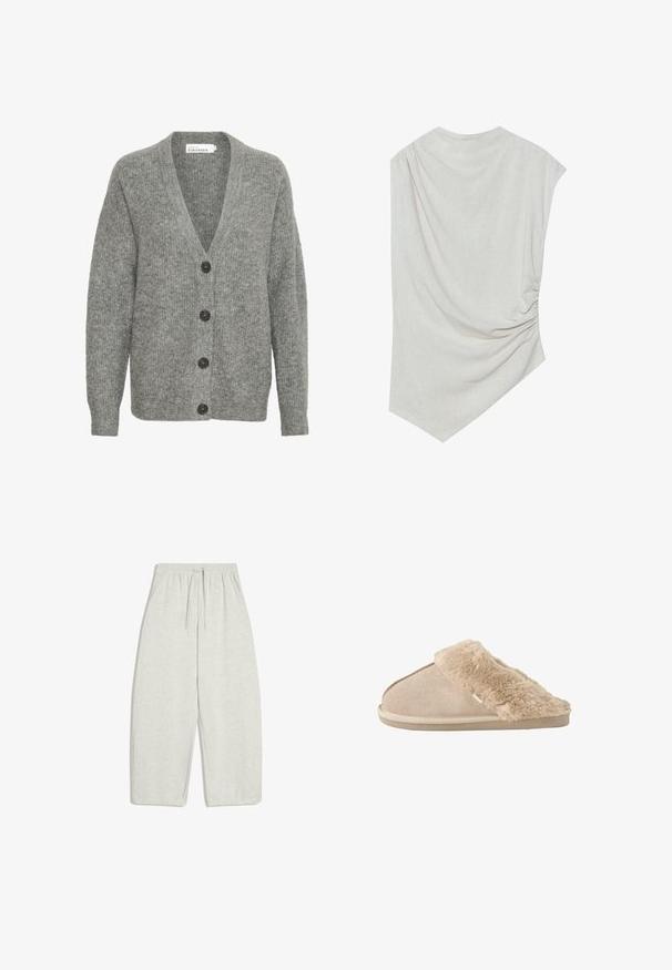 Grijze gebreide cardigan met een V-hals, vijf grote knopen aan de voorkant en ribgebreide manchetten. Gemaakt van een zachte, gestructureerde stof.; Lichte beige top met een ronde halslijn, asymmetrische zoom en geplooide details aan één kant. Gemaakt van een zachte, gestructureerde stof.; Lichtgrijze, losvallende sweatpants gemaakt van een zachte katoenmix, met een elastische tailleband met verstelbare trekkoord en zijzakken.; Beige instappantoffel met zachte suède buitenkant en een zachte, pluizige voering en boord, ontworpen voor binnencomfort.