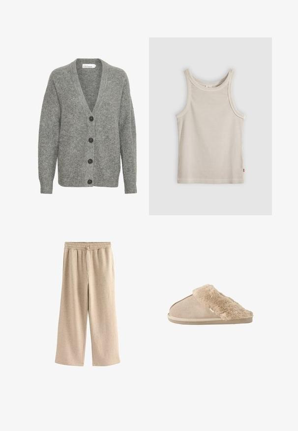 Grå strikket cardigan med V-hals, fem store knapper foran og ribbede manchetter. Lavet af blødt, tekstureret stof.; Beige ribstrikket ærmeløs tanktop med rund halsudskæring og tætsiddende pasform, vist mod en grå baggrund.; Beige vide benbukser lavet af blødt stof, med en elastisk talje og snor, og en diskret prikket tekstur hele vejen igennem.; Beige slip-on tøfler med blødt ruskind yderside og blødt, fluffy inderfor og manchet, designet til komfort indendørs.