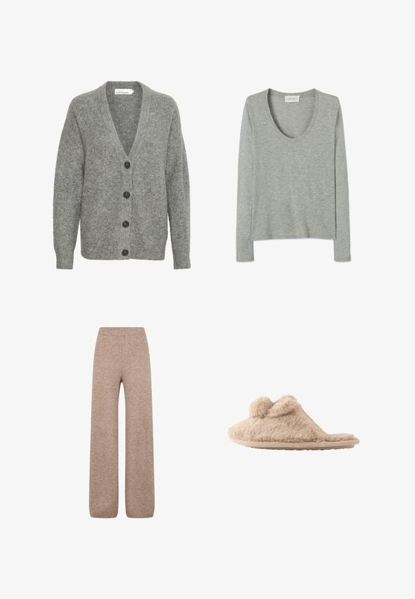 Grå strikket cardigan med V-hals, fem store knapper foran og ribbede manchetter. Lavet af blødt, tekstureret stof.; Langærmet lysegrå meleret skjorte med rund halsudskæring og blødt stof, lagt fladt på hvid baggrund.; Strikkede bukser med vidde i en lys brune nuance med en ribbet talje og ribkant. Bukserne har et blødt, tekstureret stof. Ingen synlige lommer.; Beige, fløjlsblød hjemmesko med to pomponer på toppen og en flad sål, designet til indendørs brug.