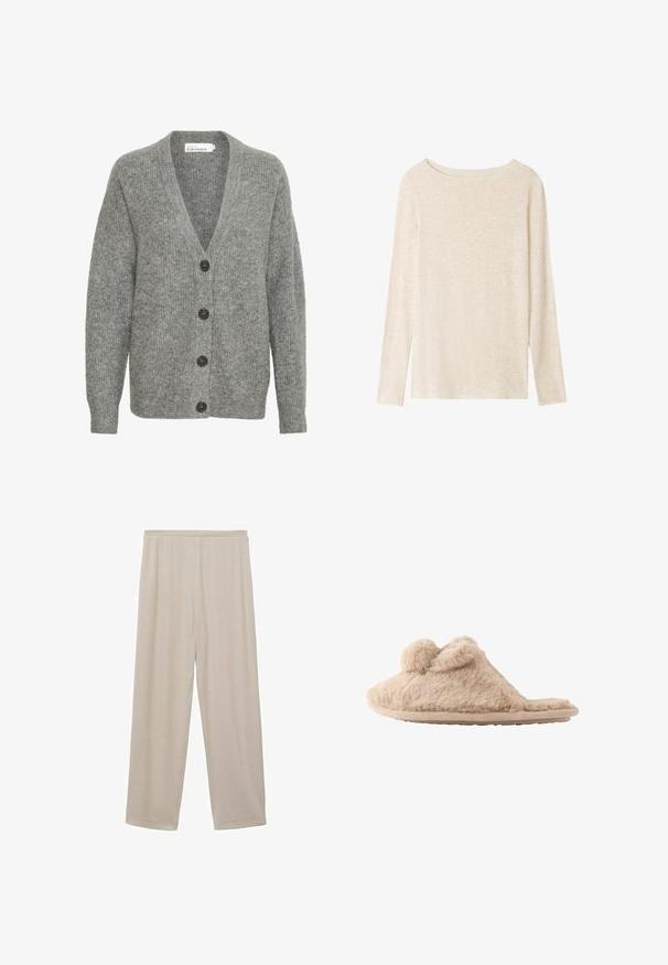 Grå strikket cardigan med V-hals, fem store knapper foran og ribbede manchetter. Lavet af blødt, tekstureret stof.; Langærmet, lysebeige striktop med bådudskæring og subtil meleret tekstur.; Beige, lette bomuldsbukser med lige ben-design, elastisk talje og glat tekstur. Ingen synlige mønstre eller hardware.; Beige, fløjlsblød hjemmesko med to pomponer på toppen og en flad sål, designet til indendørs brug.