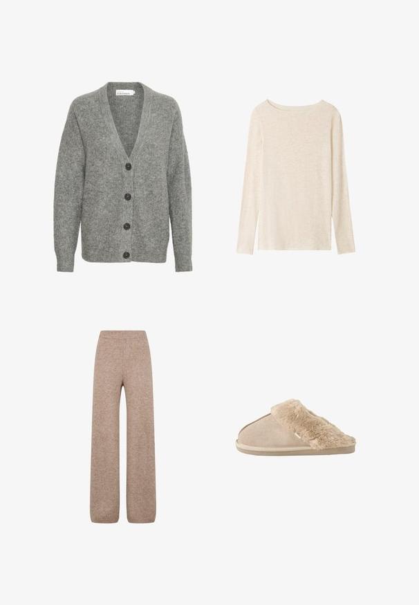Grå strikket cardigan med V-hals, fem store knapper foran og ribbede manchetter. Lavet af blødt, tekstureret stof.; Langærmet, lysebeige striktop med bådudskæring og subtil meleret tekstur.; Strikkede bukser med vidde i en lys brune nuance med en ribbet talje og ribkant. Bukserne har et blødt, tekstureret stof. Ingen synlige lommer.; Beige slip-on tøfler med blødt ruskind yderside og blødt, fluffy inderfor og manchet, designet til komfort indendørs.